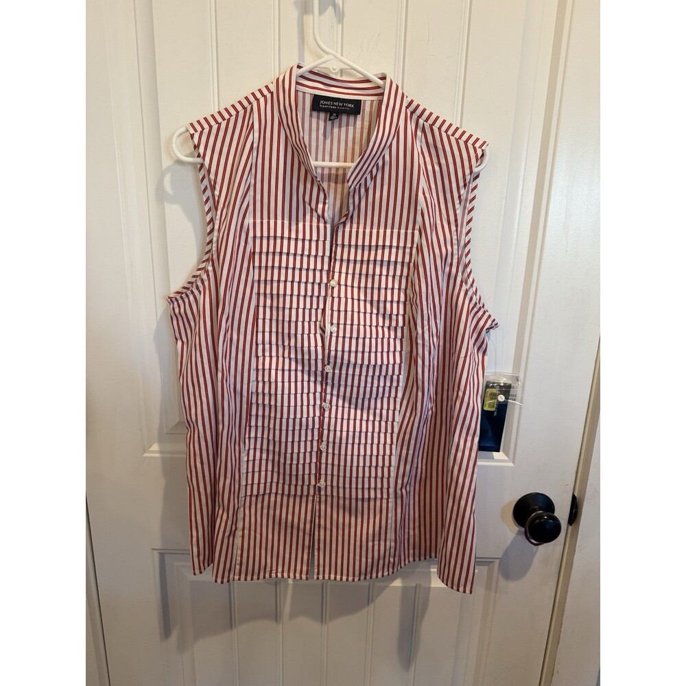 NWT Jones New York Signature Woman 2X Sleeveless Stripe Pleated Blouse Red White